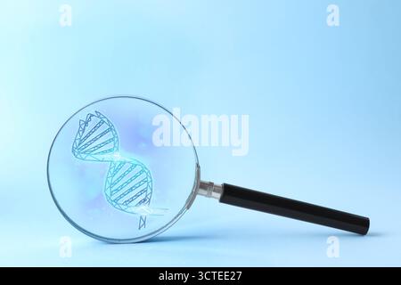 DNA spiral in magnifying glass on light blue background. Genetic analysis and research Stock Photo