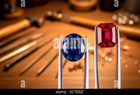 Two gems are on a table, one blue sapphire and one red ruby. The gems are being held up by a pair of tweezers Stock Photo