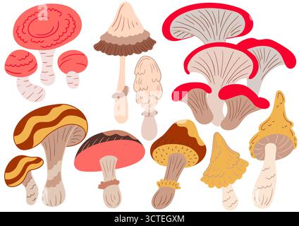 Mushrooms. Set of color flat illustrations. Design for postcards, flyers, banners, room decoration. Icons, signs pins logo Stock Vector