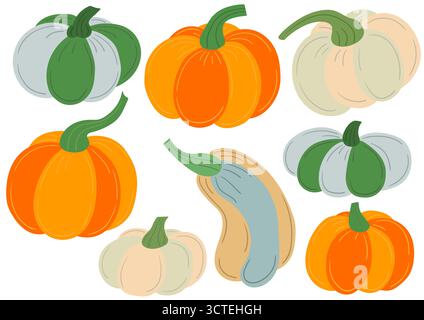 Pumpkin. Set of color flat illustrations. Design for postcards, flyers, banners, room decoration. Icons, signs pins logo Stock Vector