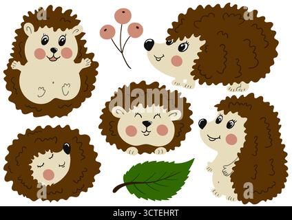 Hedgehog. Set of color flat illustrations. Design for postcards, flyers, banners, room decoration. Icons, signs stickers pins logo Stock Vector