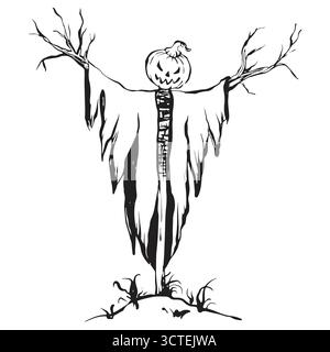 Pumpkin Scarecrow Outline Vector Illustration Stock Vector