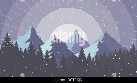 Minimalist winter mountain landscape with dark pine tree silhouettes, snowy peaks, and falling snow under a soft pale sky Stock Vector