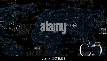 Displaying world map outline hovering over grid, with equations, pixel clusters and data icons Stock Photo