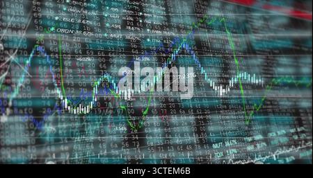Displaying fluctuating chart on trading terminal, featuring white candlesticks and trend lines Stock Photo