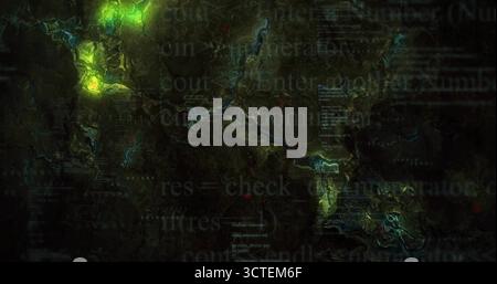 Displaying topographic visualization on dark screen, with glowing green hotspots and code fragments Stock Photo