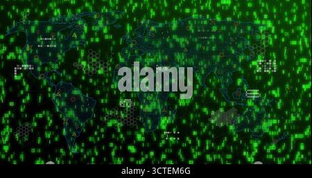 Displaying world map streaming neon green code on screen, with hex grids warning icons node markers Stock Photo