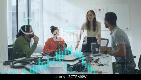 Analyzing data overlays, four professionals collaborating in boardroom with laptops, circuit boards Stock Photo