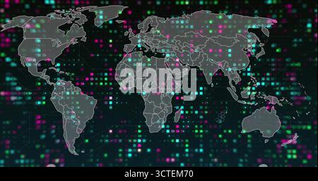 Displaying world map in digital dashboard, with map outlines green cyan magenta neon data nodes Stock Photo