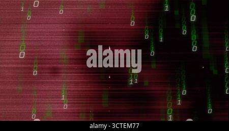 Streaming digital glitch across cyber interface, with green binary code and red glitch lines Stock Photo
