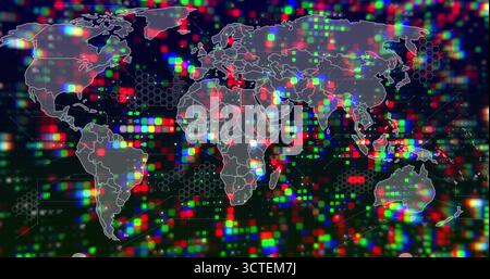 Displaying grey world map silhouette on grid, with RGB pixel clusters and hexagon network lines Stock Photo