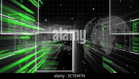 Rendering dotted world map projection at center over grid, streaming green code and glowing frames Stock Photo