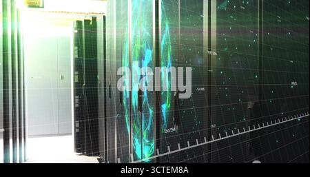 Displaying server racks featuring cables and LEDs in data center, with holographic data overlays Stock Photo