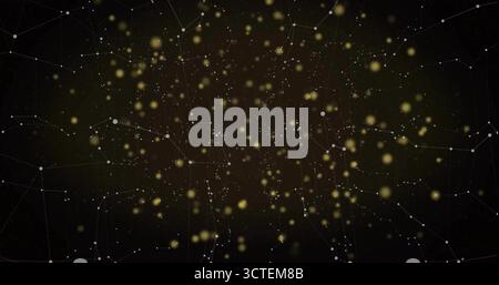 Displaying white nodes with connecting lines in virtual space, with yellow glowing particles Stock Photo