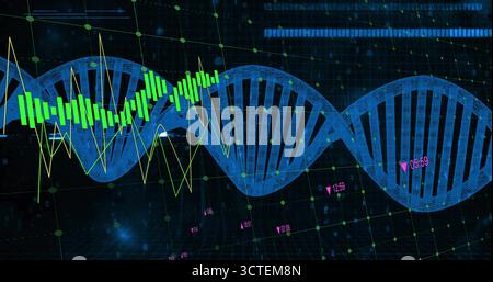 Showing blue DNA helix spanning grid, with green bars, yellow graph, magenta markers, glowing nodes Stock Photo
