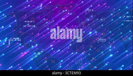 Displaying abstract digital world map streaming neon streaks in virtual network, with data icons Stock Photo