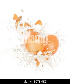 Broken chicken egg with a splash of flour on a white background Stock Photo