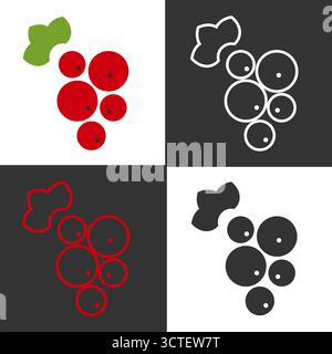 Red currant fruit is illustrated using clean line icons on contrasting backgrounds, showcasing their simple beauty. This minimalist design emphasizes the fruit shape and color variations. Stock Vector