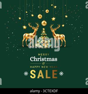 Christmas Sale background in green and gold. Square template for social media sales - vector illustration Stock Vector