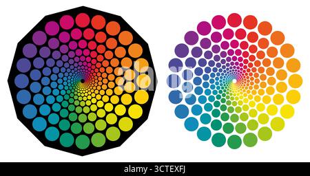 Set of small circles sunburst or star radiating from centre forming one larger round object, colourful vibrant pallette Stock Vector