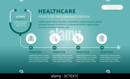 Medical infographics template with stethoscope - 4 step illustration for business presentation slide with icons in flat style - teal green background Stock Vector
