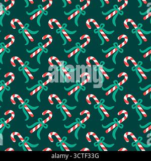 A seamless vector pattern featuring candy canes with bows, arranged in a playful, repeating grid for a festive holiday wallpaper. Stock Vector