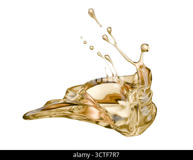 golden liquid splash isolated on a white background. 3d render. Stock Photo