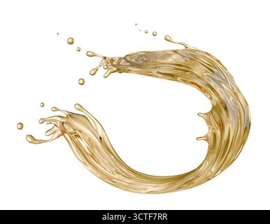 golden liquid splash isolated on a white background. 3d render. Stock Photo