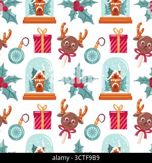festive chocolate candy shaped like a reindeer face with pretzel antlers, surrounded by snowflakes and Christmas tree ornaments. seamless pattern is a Stock Vector