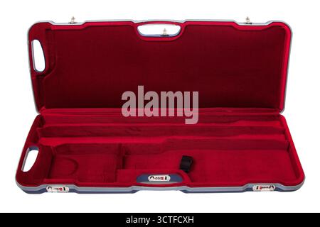Open blue hard case with a plush red velvet interior, compartments, and combination locks, isolated on white. Stock Photo