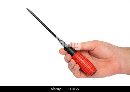 Screwdriver held in hand on white background. Tool, craftsmanship, work and manual skill concept Stock Photo