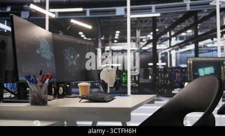 Data center PCs showing neural network visualization and code debugging tools running. Computer systems in server farm powering machine learning and automated research tasks Stock Photo