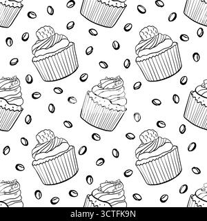 Muffins with cream, raspberry, ganache and chocolate chips, Holiday dessert, pastries vector seamless pattern in doodle style on white background Stock Vector