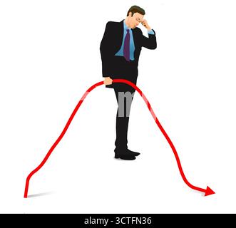 An troubled  stock market investor holds the downward pointing arrow from a market chart in this 3-d illustration about investing. Stock Photo