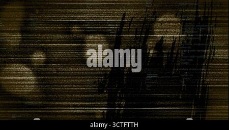 Dark smudge distorting gold noise lines and circular artifacts on corrupted display, with code text Stock Photo