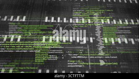 Displaying data dashboard on computer screen, with code, bar chart and line graph and grid overlay Stock Photo