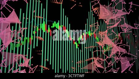 Showing candlestick chart with green bars and blue trendline on dashboard with pink network nodes Stock Photo