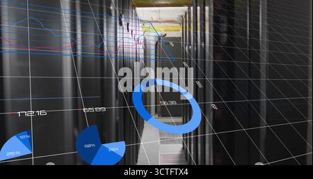Displaying data center corridor with server racks, colored cables and floating data visualizations Stock Photo