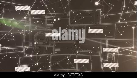 Displaying network of translucent panels in virtual interface, with white nodes, lines and flares Stock Photo