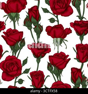 beautiful vintage seamless pattern with rosebuds, leaves and stems Stock Vector