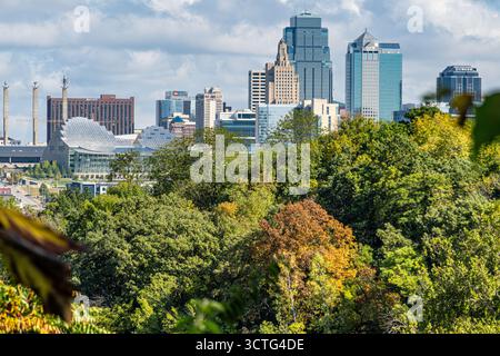 View of the Kansas City, Missouri, skyline from Penn Valley Park. (USA) Stock Photo