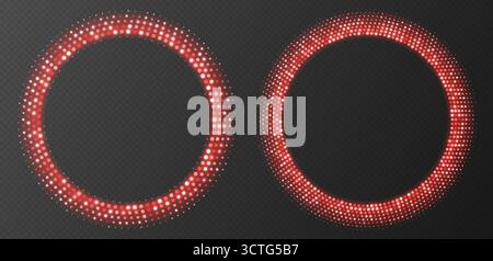 Red halftone frames, glowing circle borders, round pattern with dots, radial disco luxury design element. Stock Vector
