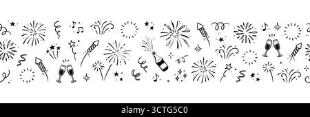 New year firework background. Hand drawn festive background with doodle firework, star and confetti sketch for birthday, party or new year design. Doodle party festive pattern. Vector illustration Stock Vector