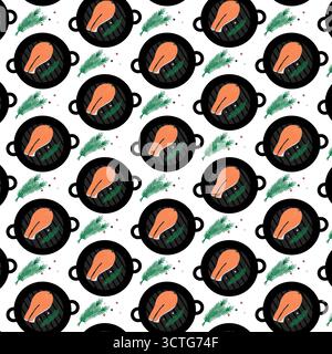 Grill Pan with Salmon Steak Rosemary Sprigs and peppercorns mix Seamless Pattern Healthy Eating Fond. Isolated Vector illustration Healthy Food Themed Card Backdrop Recipe Menu Banner, leaflet, poster Stock Vector