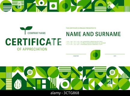 Ecology environment certificate of appreciation with geometric Bauhaus pattern. Ecology protection vector certificate, planet sustainability diploma. Environment saving letter with Bauhaus pattern Stock Vector