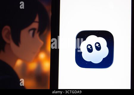 OpenAI's Sora app logo displayed on screen with a background inspired by Japanese anime, suggesting potential copyright concerns in generated content Stock Photo