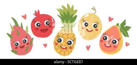 Kawaii tropical fruits isolated on white background. Cartoon dragon fruit, pineapple, melon, pomegranate, and papaya with cute happy faces. Colorful f Stock Vector