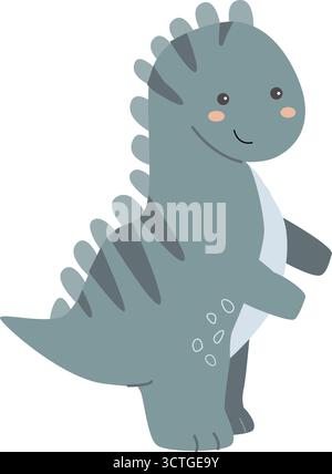 Cute cartoon dinosaur illustration with adorable expression and blue-gray color. Stock Vector