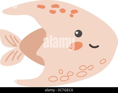 Cute cartoon pink stingray fish with smiling face and orange spots. Stock Vector