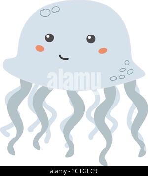 Cute smiling cartoon jellyfish with light blue tentacles. Stock Vector